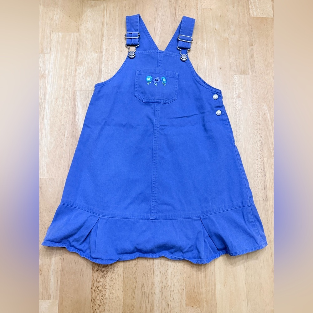 Vintage Gymboree Rainbow Tag Blue Embroidered Floral Jumper Overall Dress L
